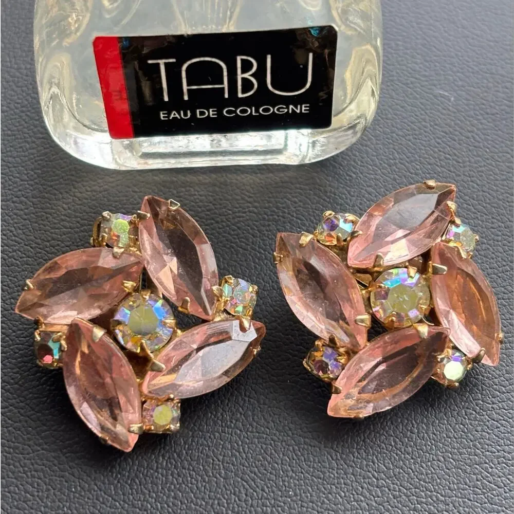 Vintage Cluster Rhinestone Aurora Borealis Gold-tone Clip On Earrings